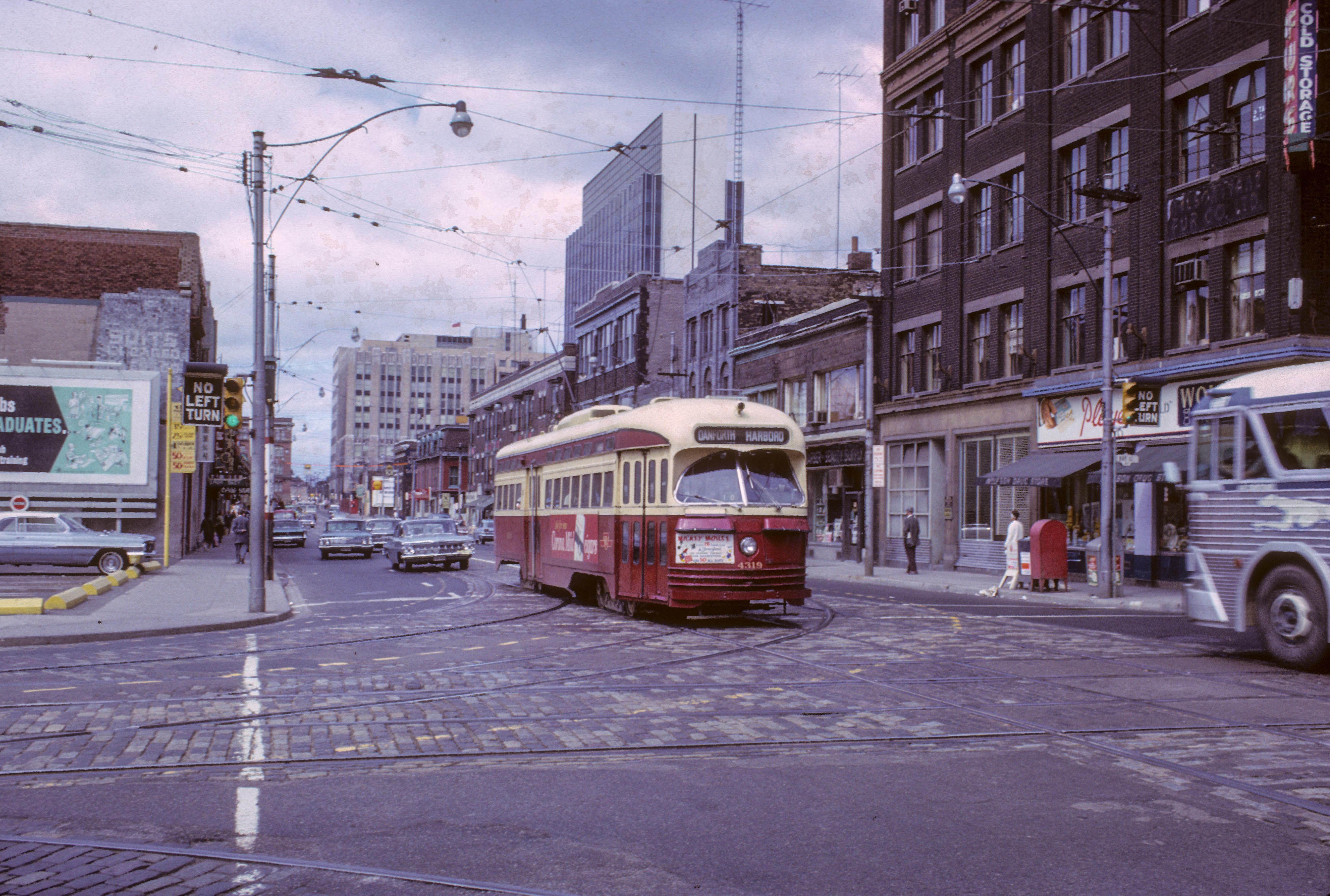 Toronto EB streetcar pictured at Dundas and Bay on August 8, 1964.