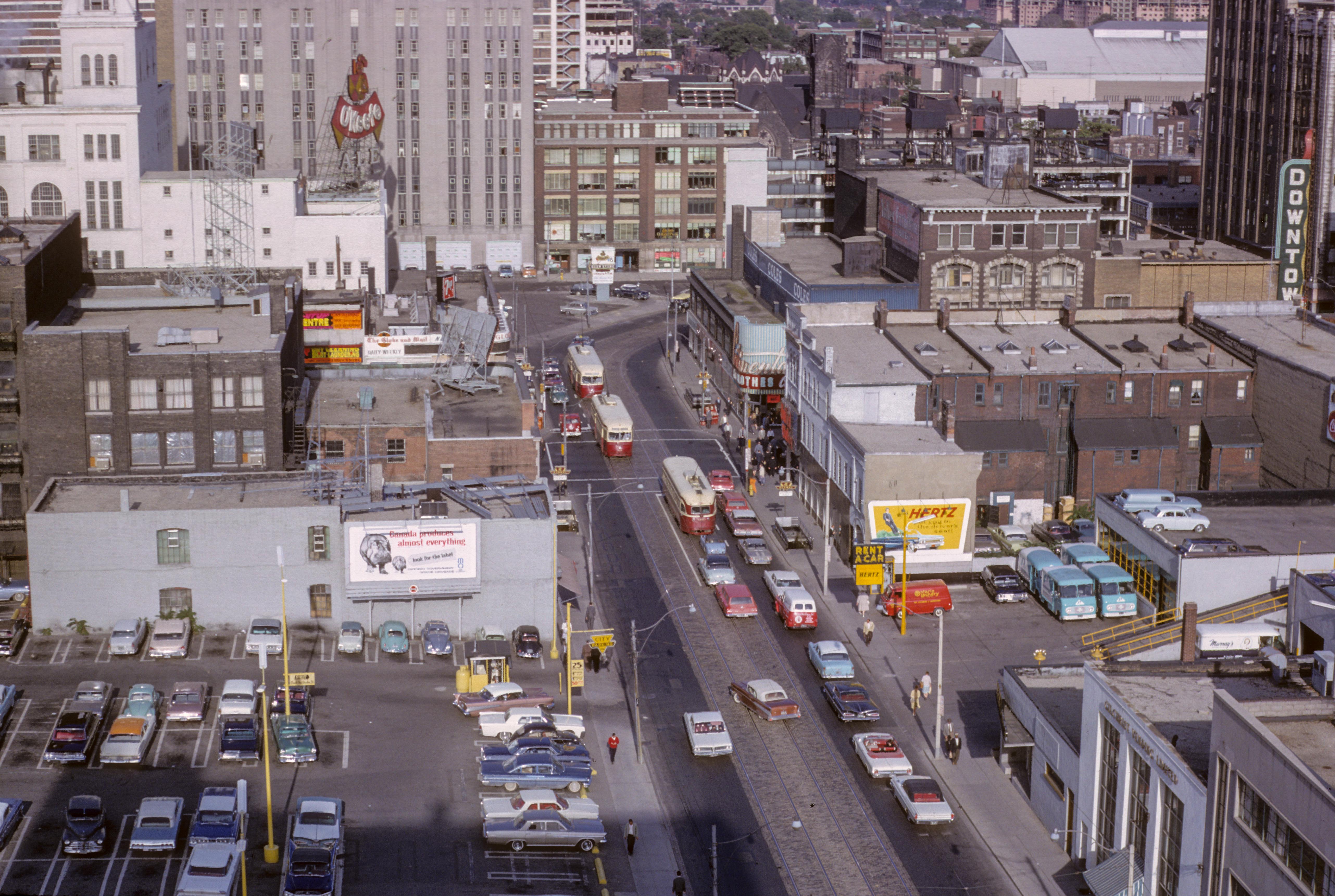 Overhead photo of Dundas St looking east towards Younge from the Ford Hotel in Toronto in September, 1963.