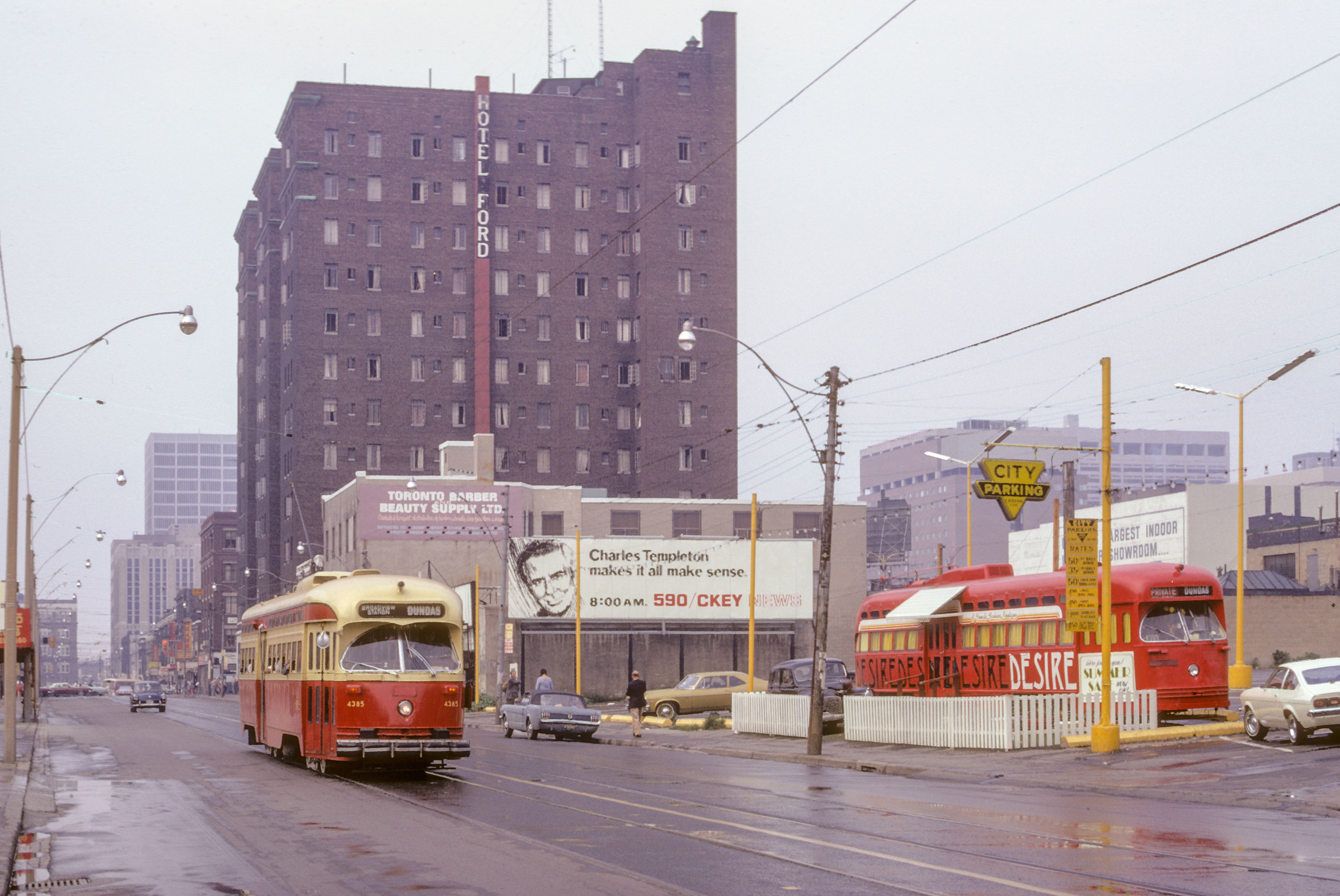 Toronto streetcar passing by the Hotel Ford on August 26, 1973.