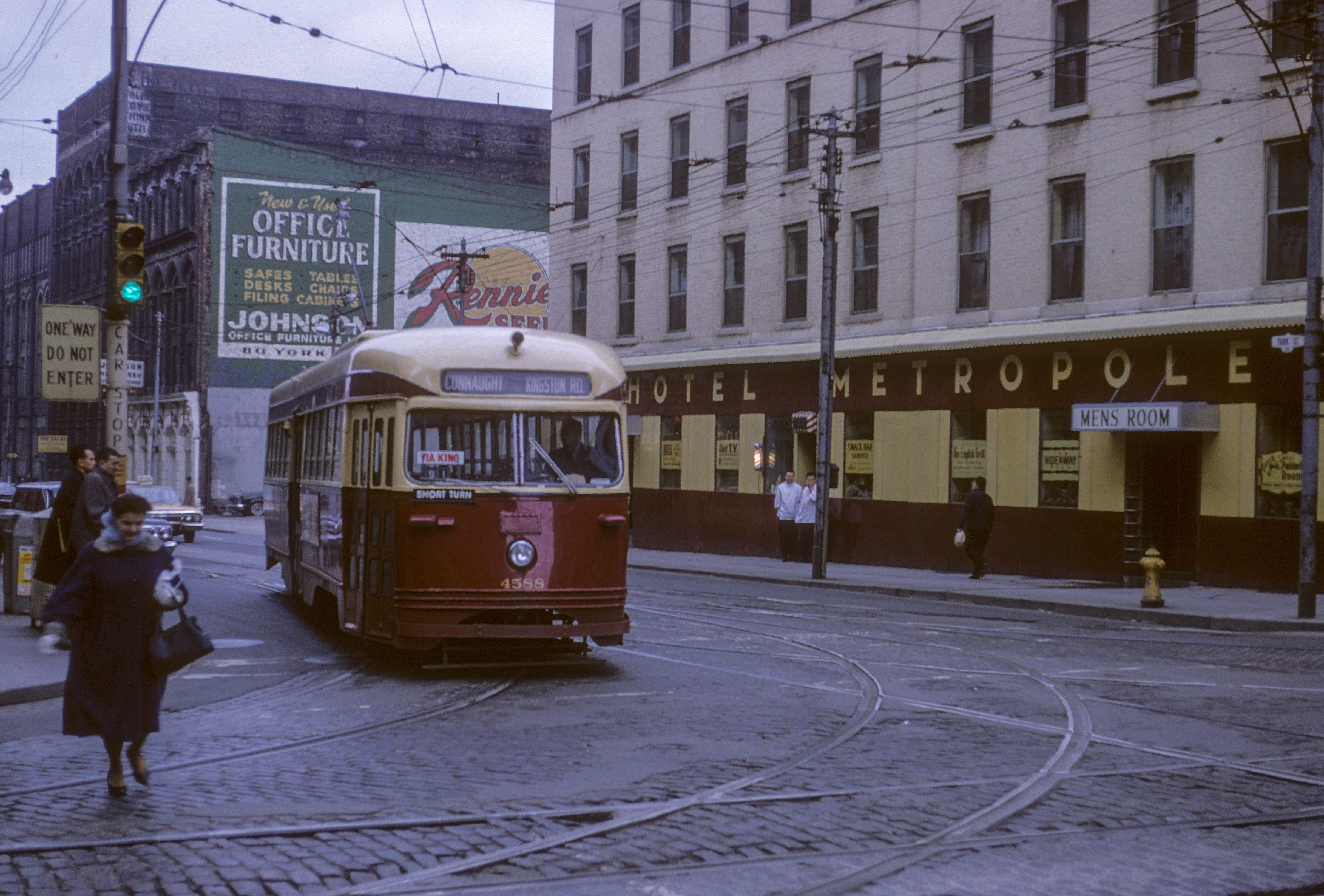 Toronto NB to EB streetcar pictured at York and King on April 8, 1965.