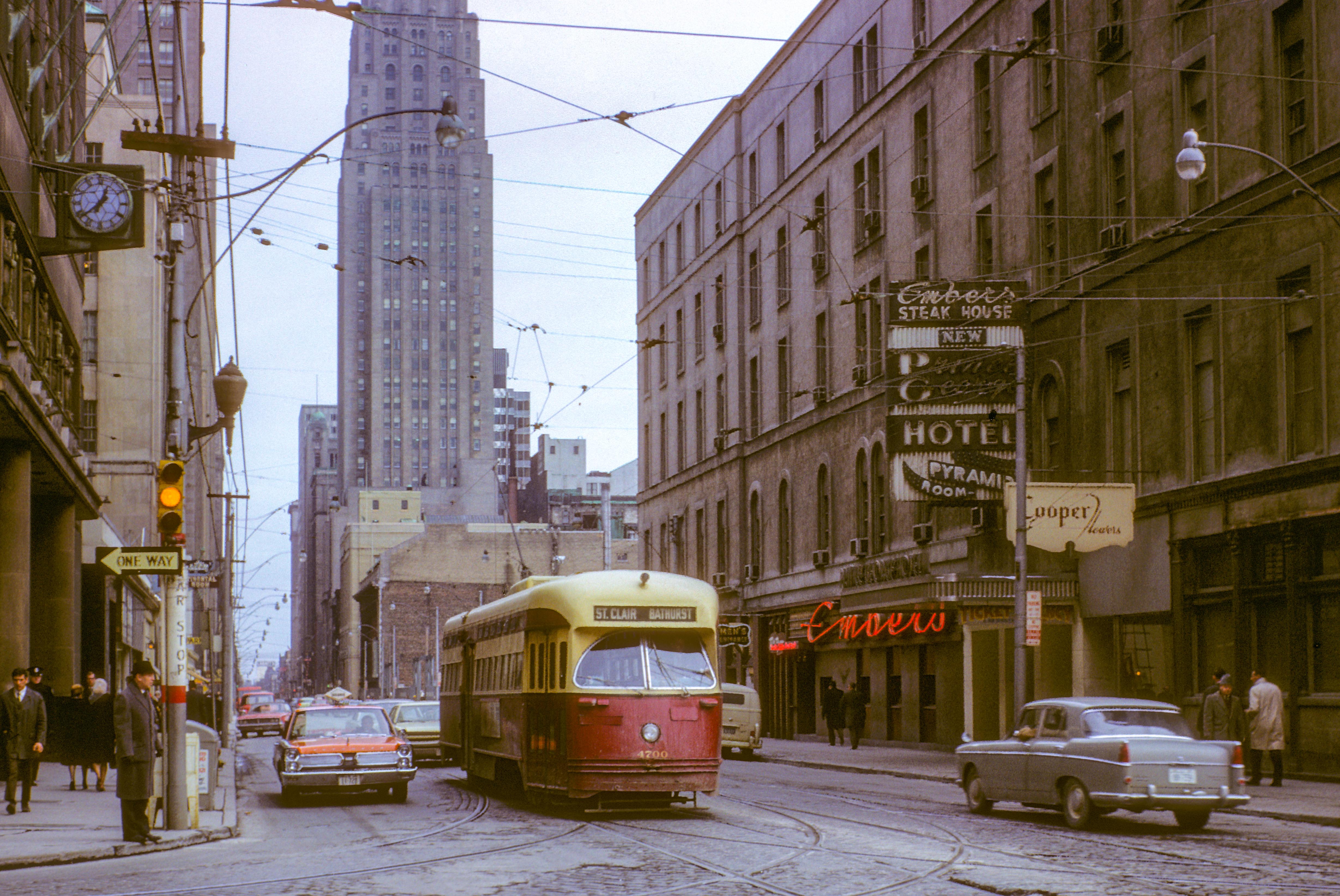 Toronto WB streetcar pictured at York and King on February 22, 1966.