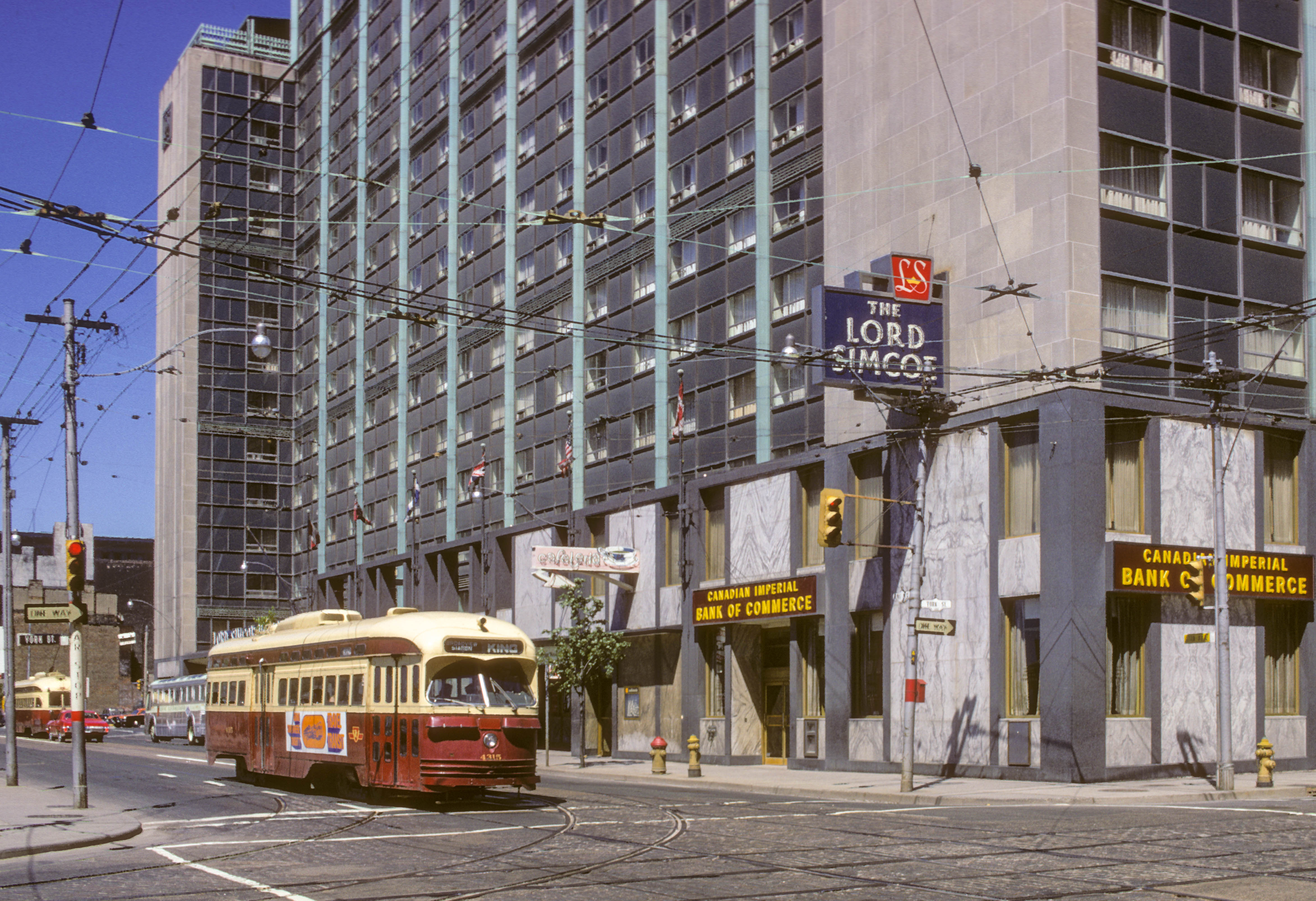 Toronto EB streetcar pictured at York and King on June 14, 1970.