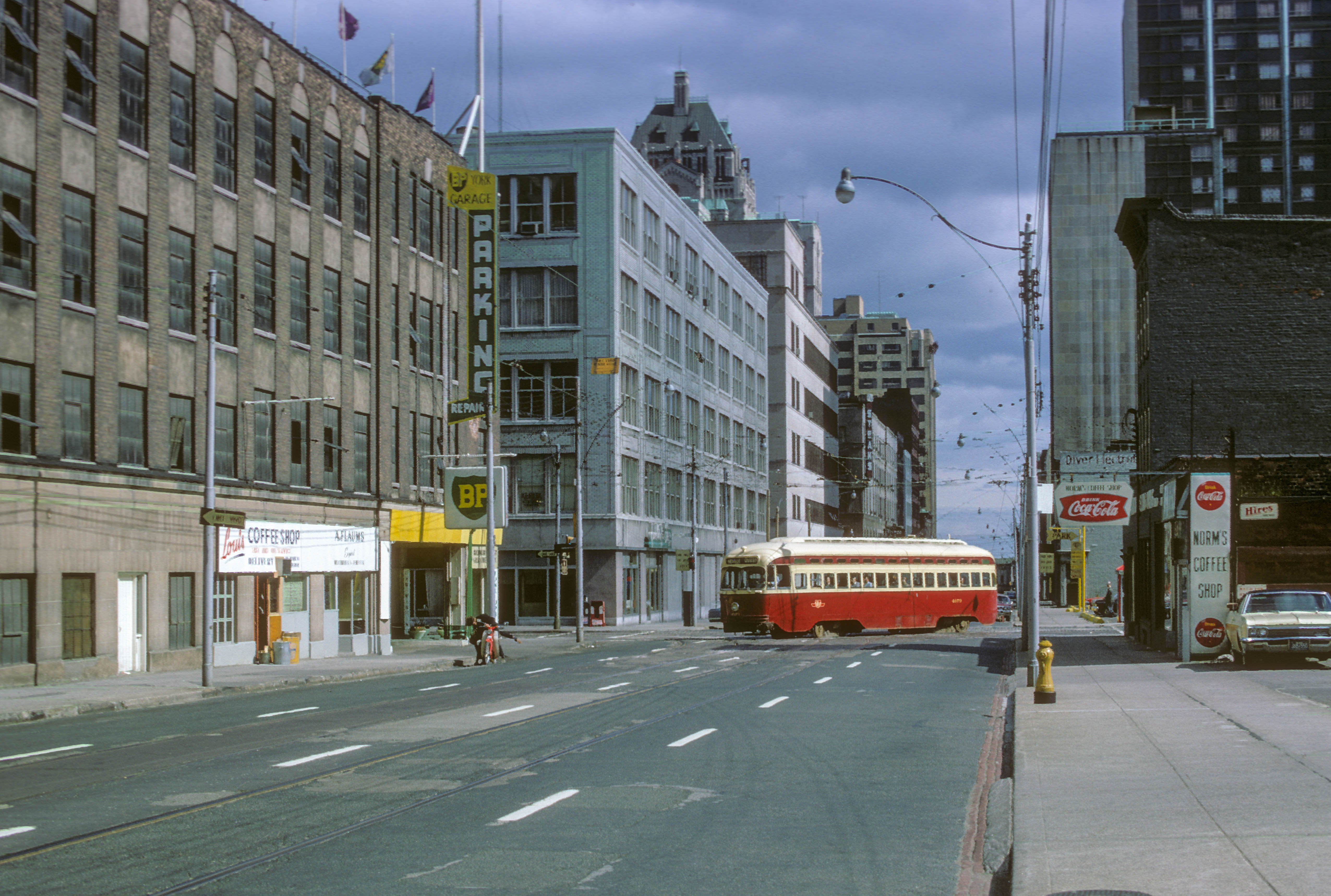 Toronto EB to NB streetcar pictured at Adelaide and York on June 25, 1967.