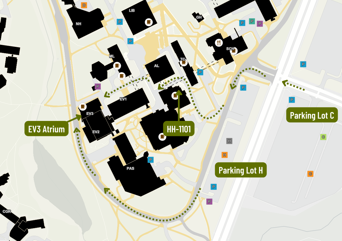 A walking map directing attendees from H and C Parking Lots to EV3.