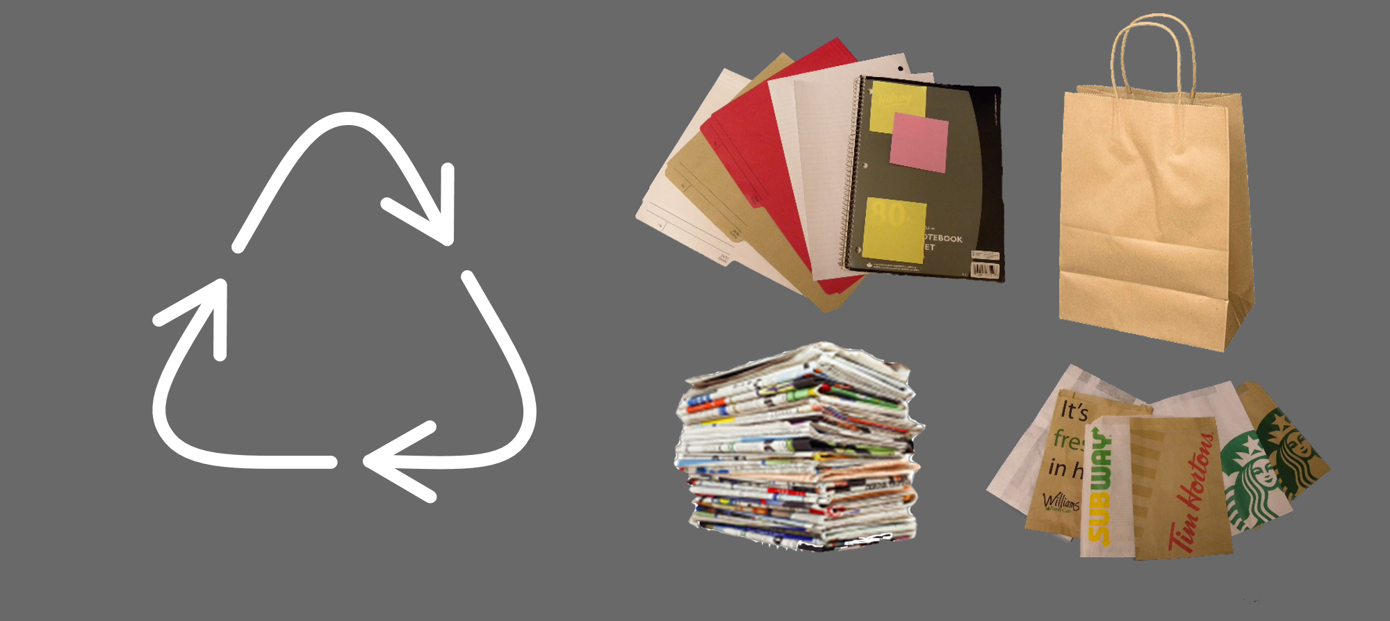 Recycling icon and various items which go in papers.