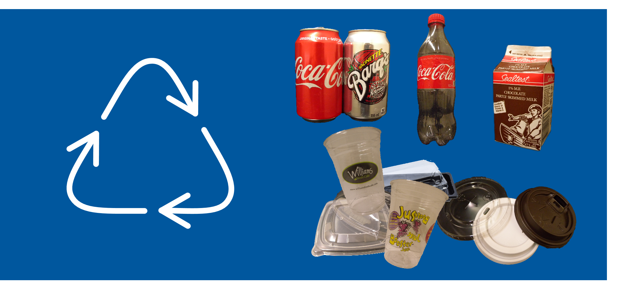 Recycling icon and various items which go in recycling.