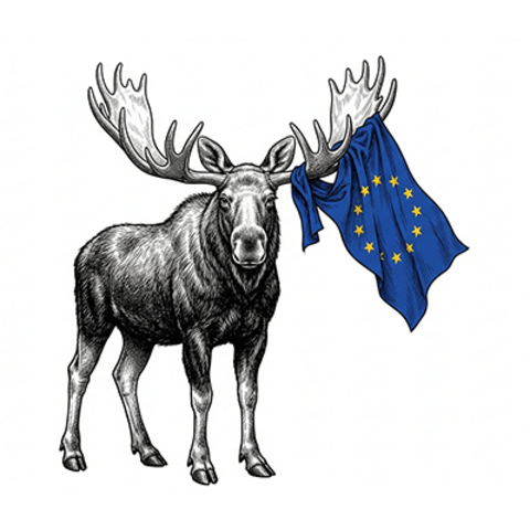 A moose with the EU flag caught in its antlers
