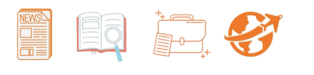 Clip art displaying newspaper, book, briefcase, and plane crossing globe