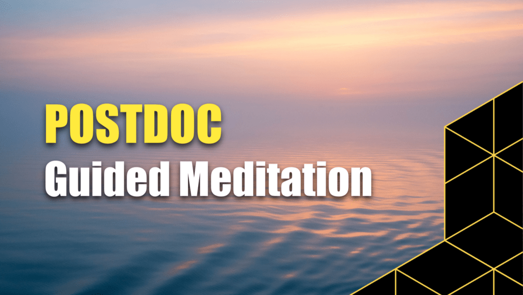 Postdoc guided meditation with lake background.