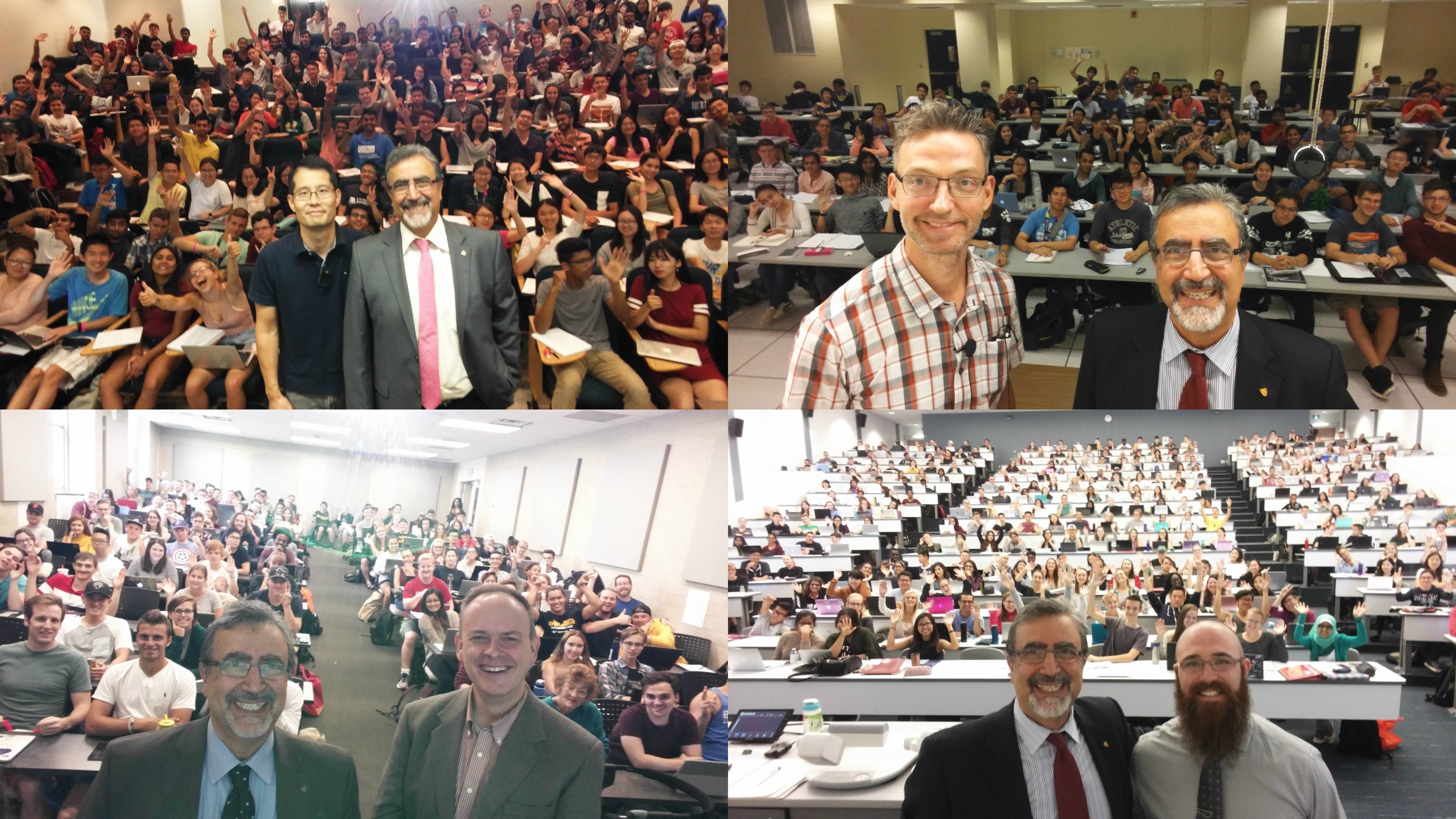 Collage of 4 selfies featuring President Feridun Hamdullahpur and classrooms of students.