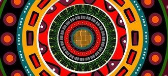 Circular African themed design featuring vibrant colours including red, purples, green and orange
