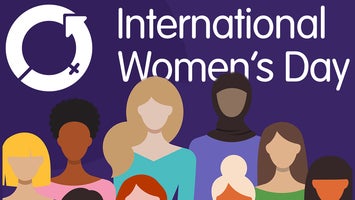International Women's Day poster featuring the logo and a group of illustrated women.