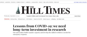 Screen grab of Hill Times webpage featuring op-ed from Vivek Goel with headline "lessons from COVID-19: we need long-term investment in research"