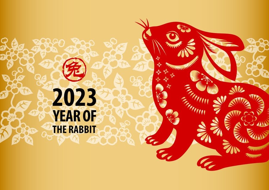 2023 Year of the Rabbit banner with a red rabbit