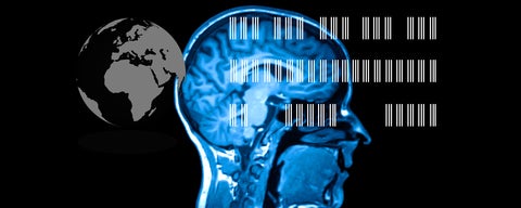 Brain image with globe in background and DNA sequencing in foreground.