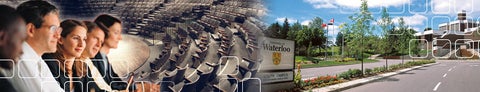 collage of people, the Modern Languages theatre, and the entrance the the University of Waterloo campus