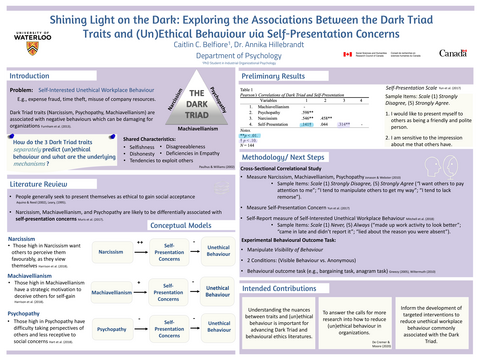 A poster titled Shining Light on the Dark: Exploring the Associations Between the Dark Triad Traits and (Un)Ethical Behaviour via Self-Presentation Concerns