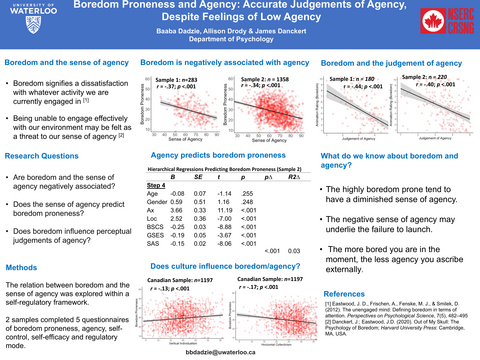 An image of a poster titled Boredom Proneness and Agency: Accurate Judgements of Agency, Despite Feelings of Low Agency
