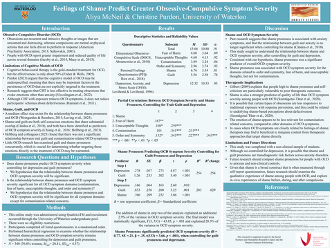 An image of a poster titled Feelings of Shame Predict Greater Obsessive-Compulsive Symptom Severity