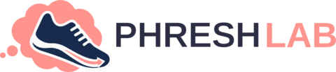 PHRESH Lab logo featuring a stylized running shoe inside a coral speech bubble, alongside the text “PHRESH LAB” in navy and coral.