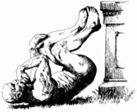 Black and white sketch of statue that has fallen off base