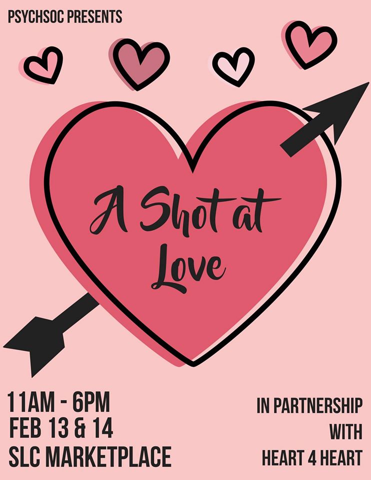 Poster for "A Shot at Love" event. Image is a heart with an arrow through it.