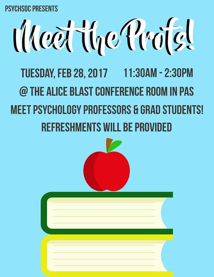 Poster for Meet the Profs Event. Image of two books with an apple sitting on top. 
