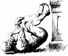 black and white sketch of statue falling off base