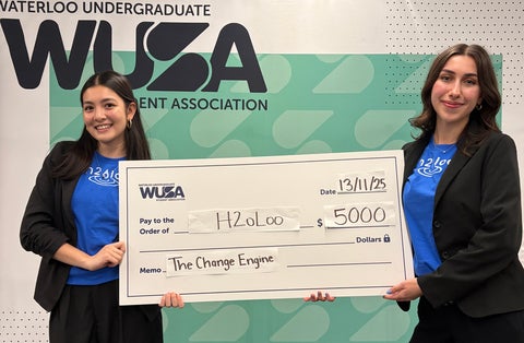 Isabelle and Giordana hold a WUSA cheque made out to H2oloo for $5000.