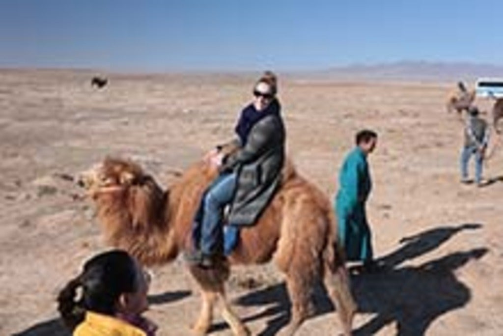 Lesley Johnston on a camel