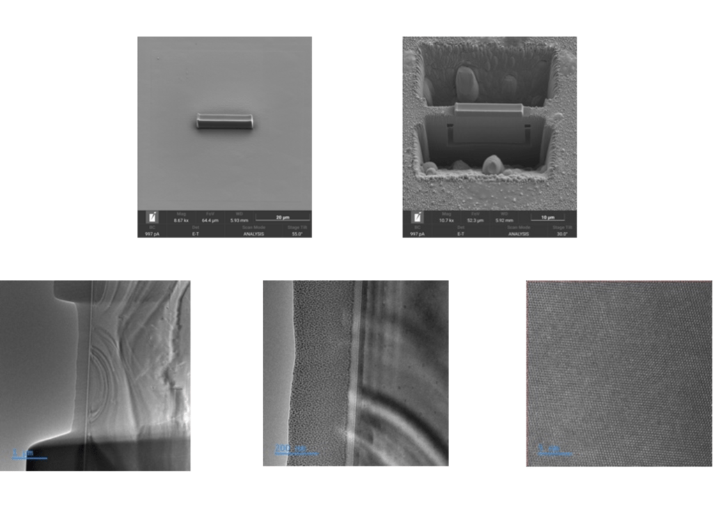 Figure 1: Top - FIB electron micrographs of prepared III-V sample lamellae. Bottom - Low magnification (left) medium magnification (middle), and high magnification electron micrographs of lamellae (right) taken with a TEM. 