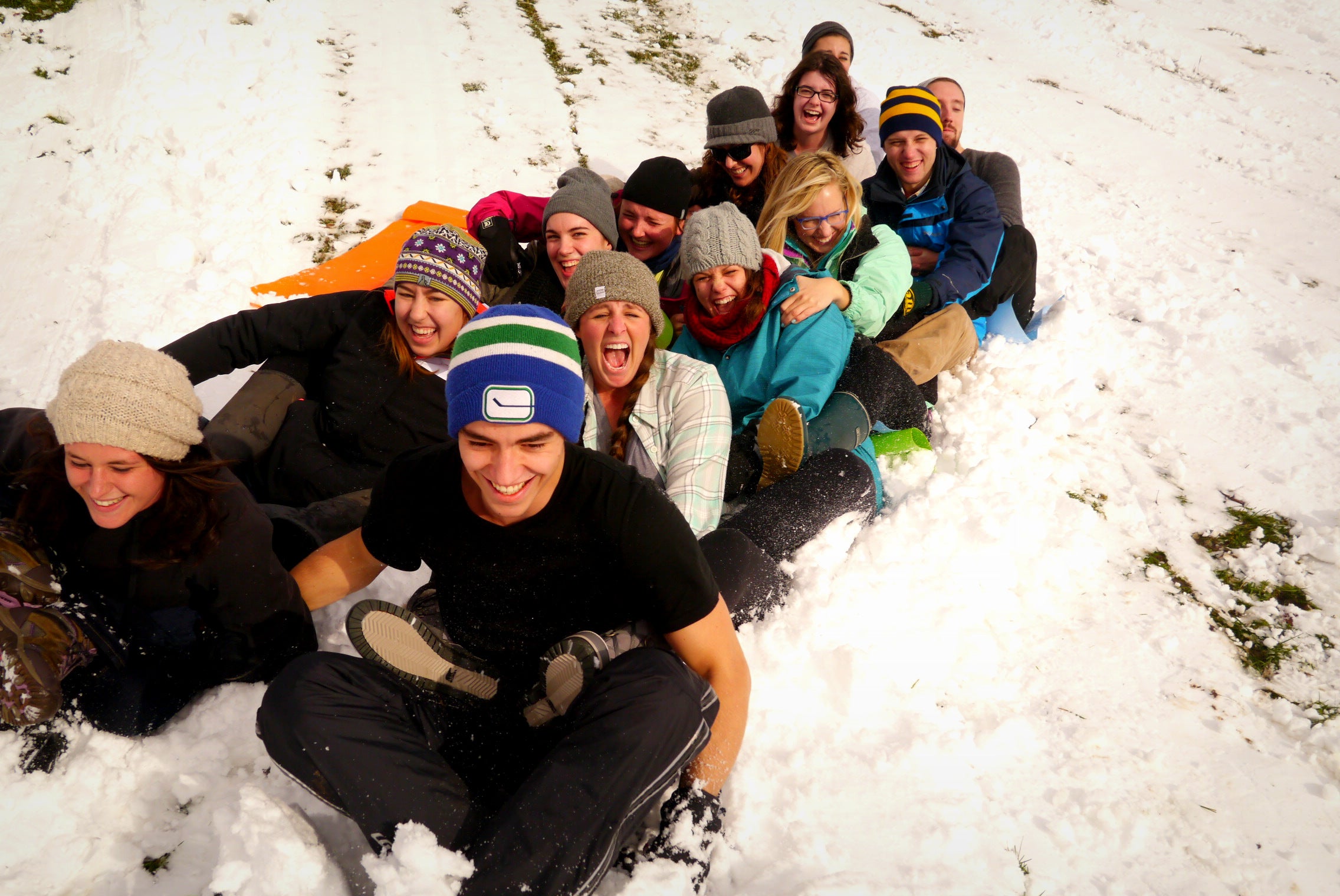Students in sleds 