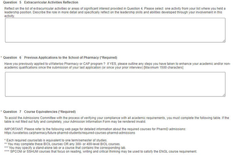 Pharmacy Admissions Information Form questions 5 through 7