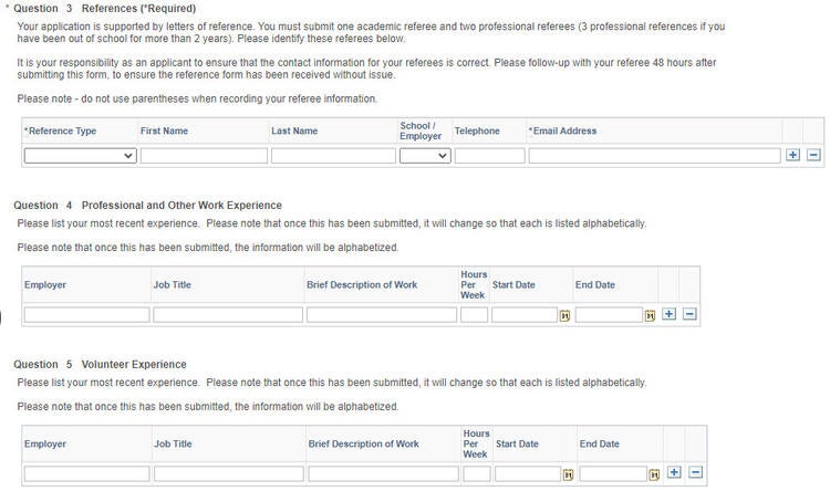 Social Work Admissions Information Form questions 3 through 5
