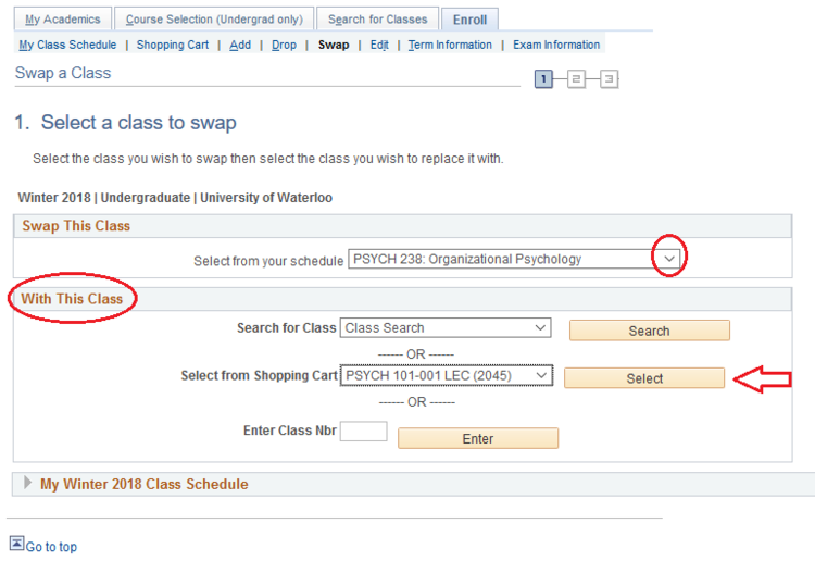 Select classes to swap page in student Quest