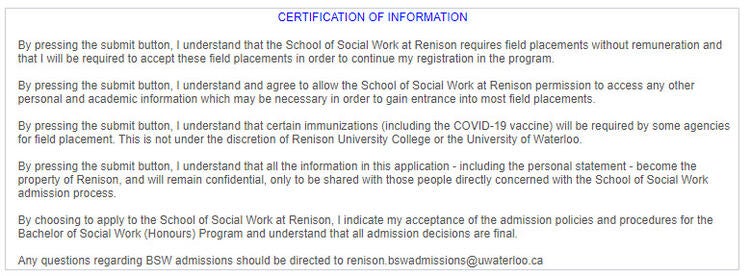 Social work Admissions Information Form certification of information