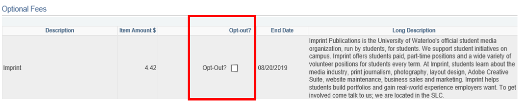 sample optional fees table with Opt-out? column highlighted