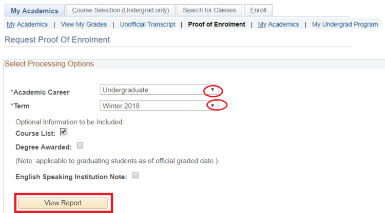 image of proof of enrolment report options in quest