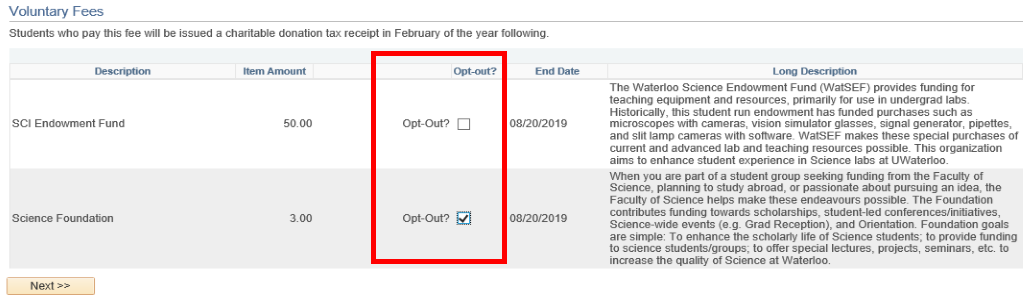 sample voluntary fees table with Opt-out? column highlighted