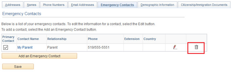 emergency contacts page with delete icon highlighted