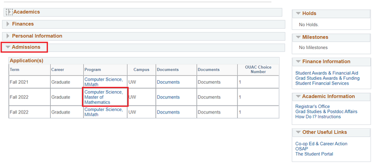 List of 3 separate applications under the admissions section, with one highlighted