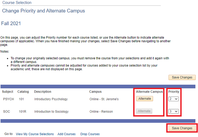 Alternate Campus and Priority columns highlighted, as well as Save Changes button.
