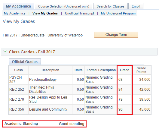 Viewing grades and academic standing in student Quest