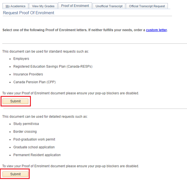 Image of proof of enrolment options in Quest, with both submit buttons highlighted.