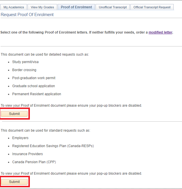 Request Proof of Enrolment options in Quest.