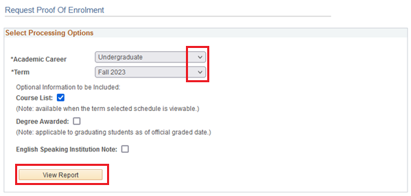 Quest image of Academic Career and Term pull-down menus highlighted, as well as the View Report button.