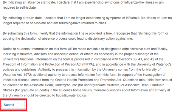 Flulike illness/self-isolation acknowledgements with submit button highlighted