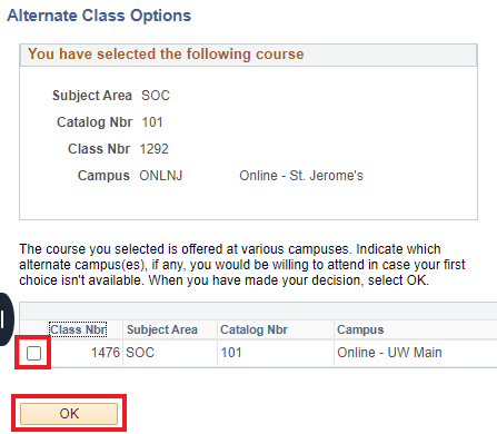 List of alternate campuses available for chosen course with checkbox and OK buttons highlighted.