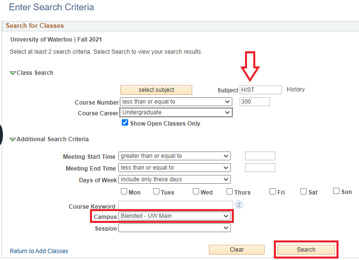 Example search criteria for HIST courses below 300, for blended campus.