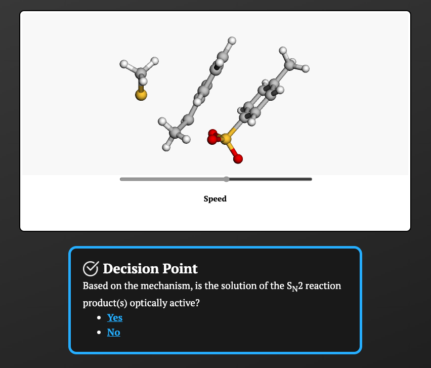 Animation of a SN2 reaction above a decision point inside a virtual laboratory webpage